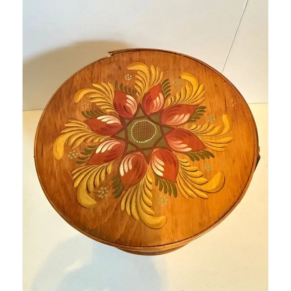 VTG Firkin Hand Painted Wooden Sewing Basket Floral Folk Art Lined Bucket Handle